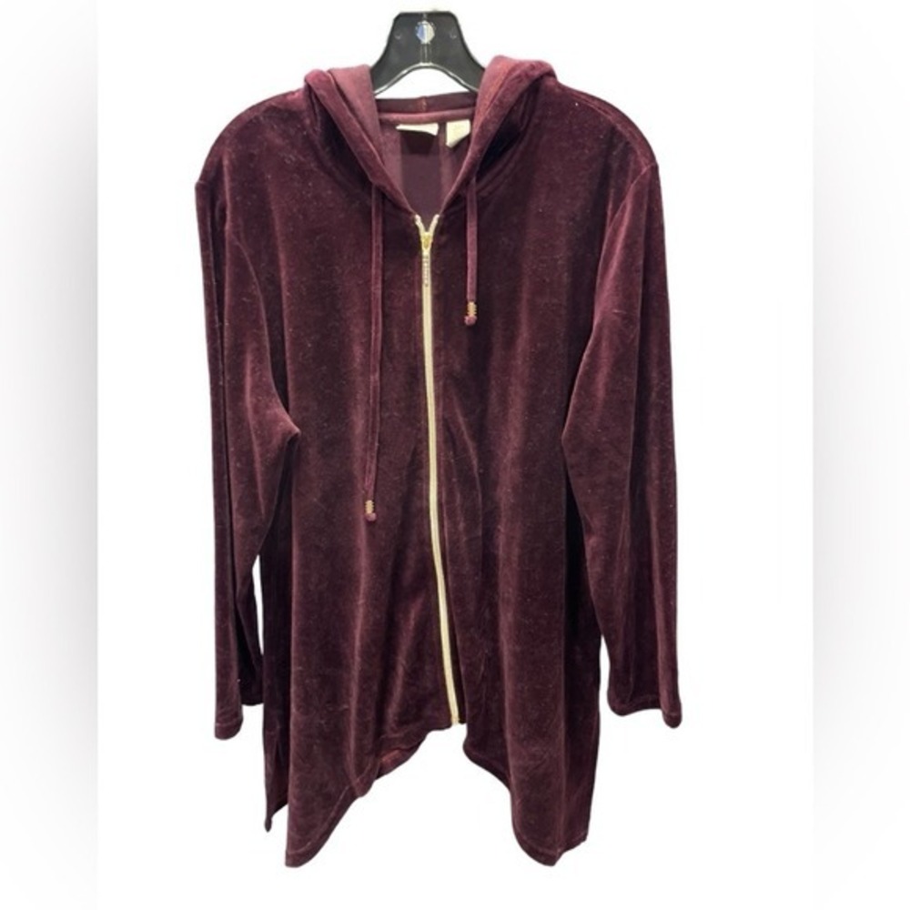 Zenergy by Chicos Burgundy Velour Full‎ Zip Hoodie Rhinestone Sharkbite Hem 3P